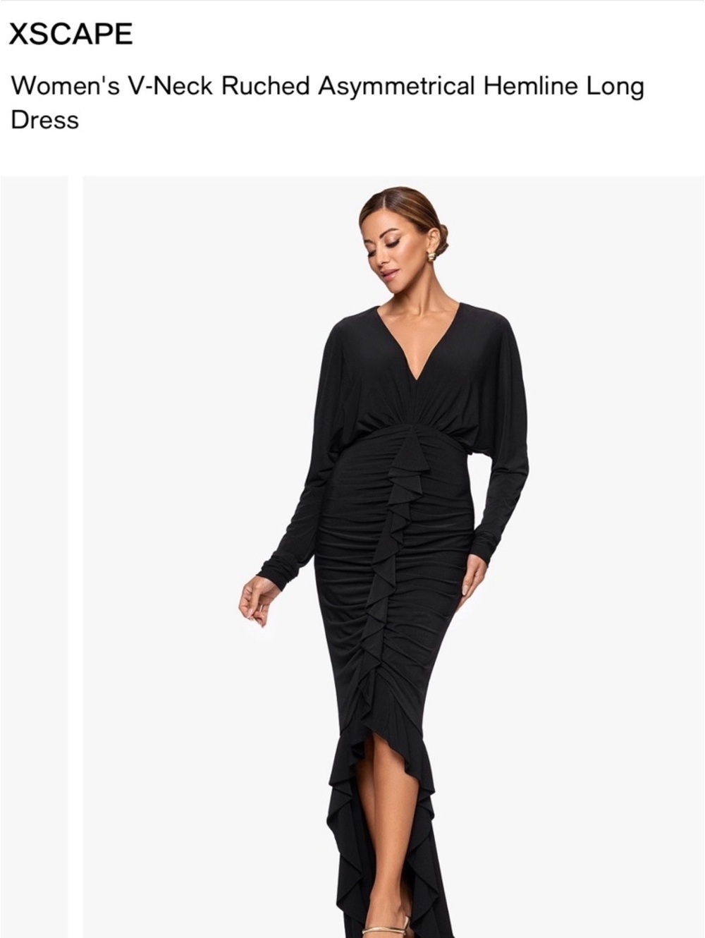 XSCAPE Modest Black V-Neck Ruched Asymmetrical Hemline Long Gown Dolman Sleeve 8 - Picture 3 of 7